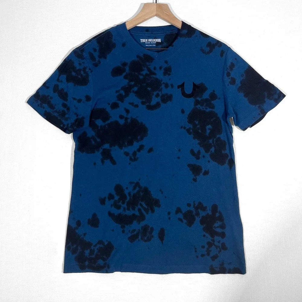 True Religion Tie Dye BUDDHA LOGO T-Shirt Streetwear Y2K Mens Small Blue Black‎